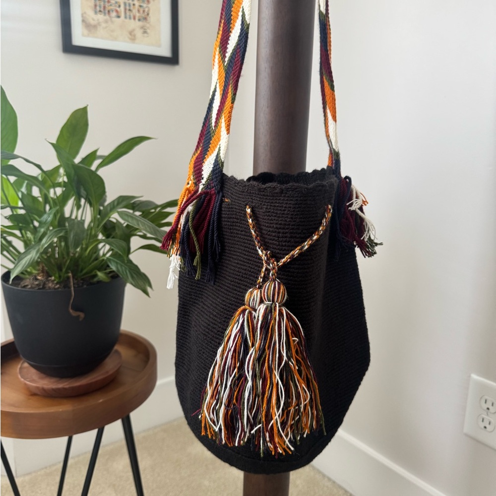 New Black Woven Bag with Multicolor Strap